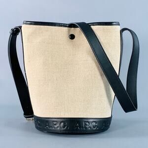 A.P.C. Beige Black Jute Cotton Leather Trim Crossbody Bucket Bag